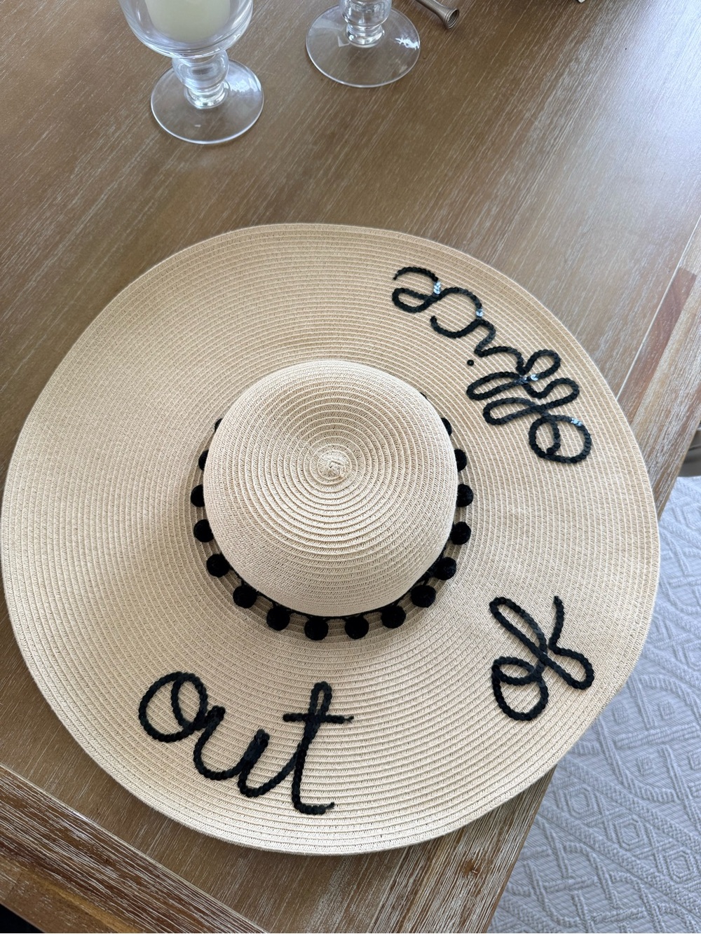 Wide Brim Straw Sun Hat with Black Script and Pom Trim - Cream